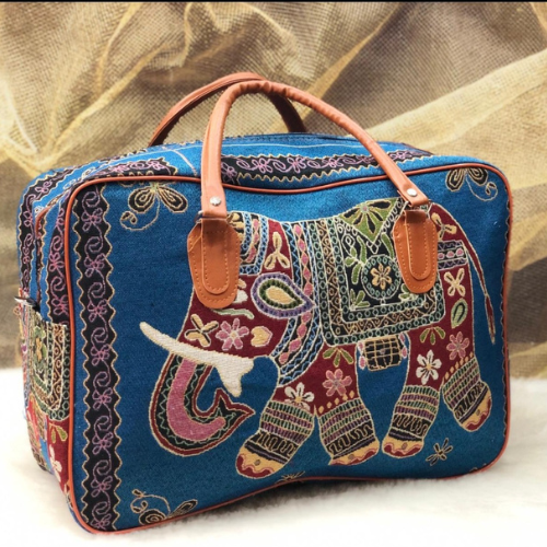 blue color canvas print handbag