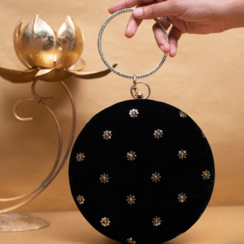 black color round clutch 