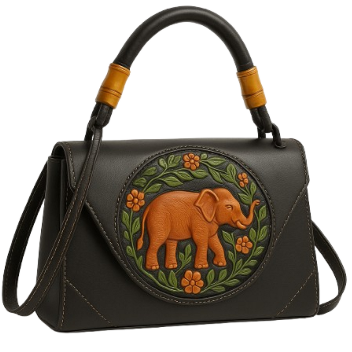 Black handbag with an elephant and floral design on a white background