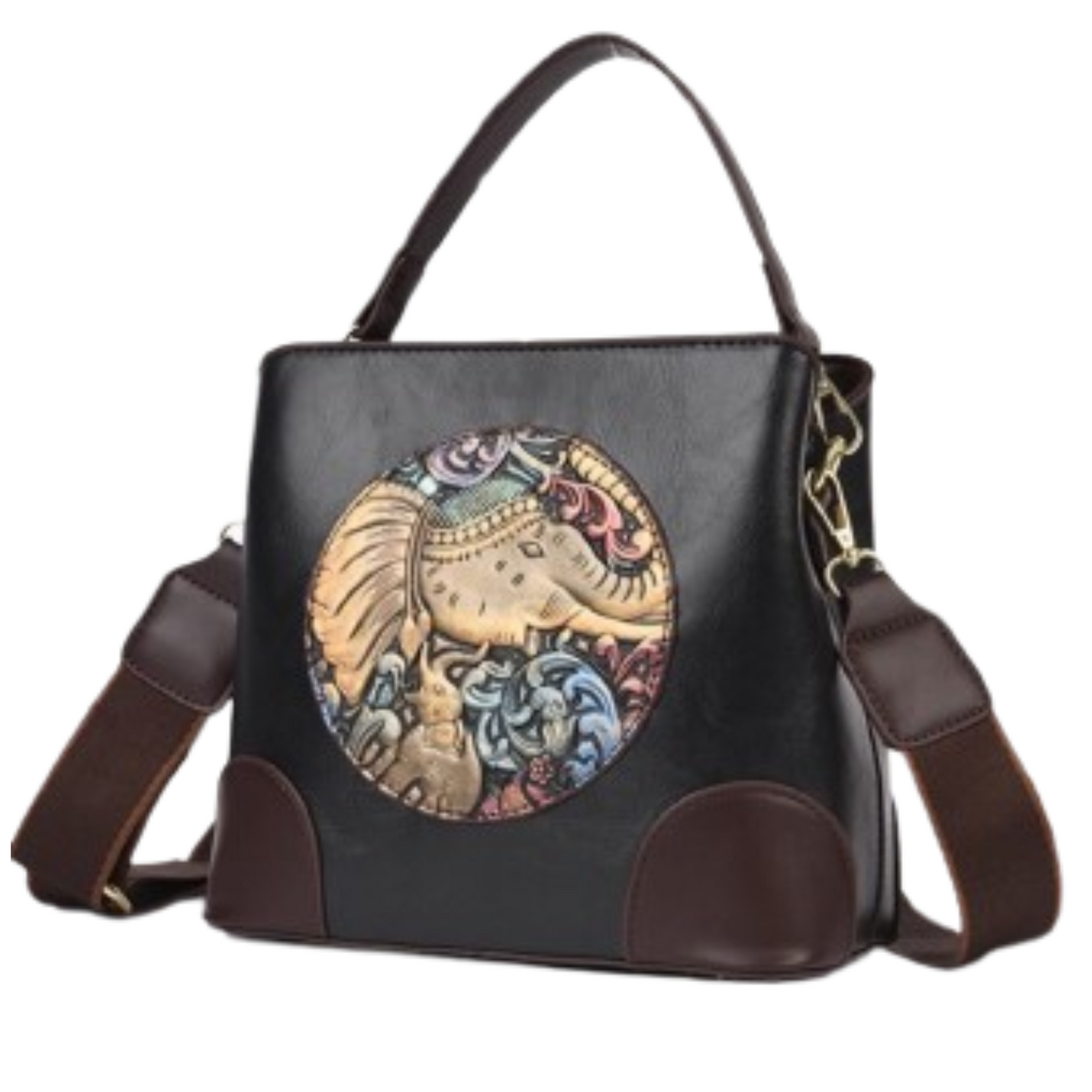 Black handbag with a decorative patch featuring an elephant and other elements on a white background