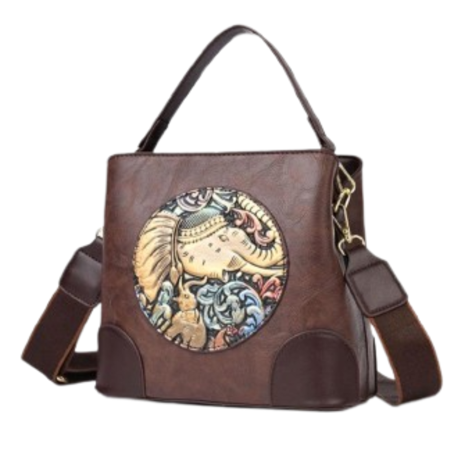 Brown handbag with a decorative patch featuring an elephant design on a white background