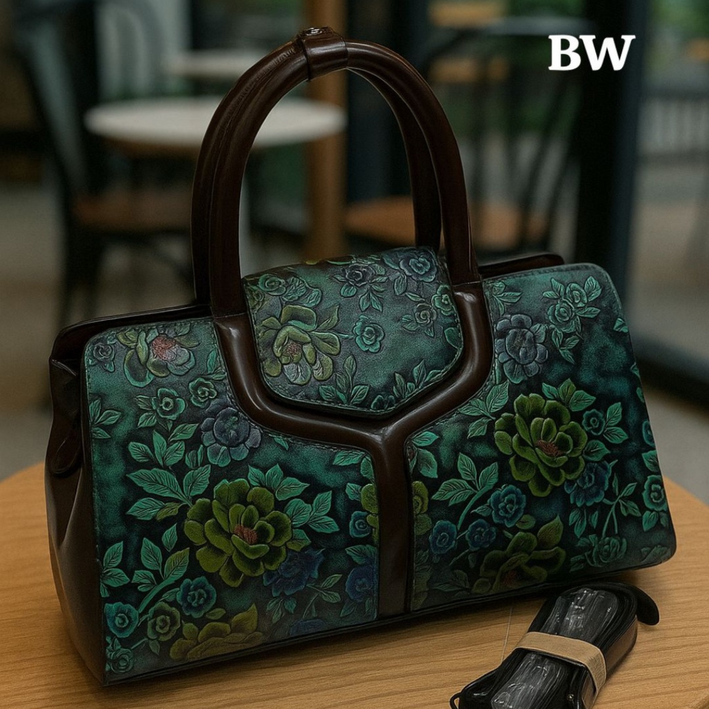 Floral patterned handbag on a wooden surface with blurred background