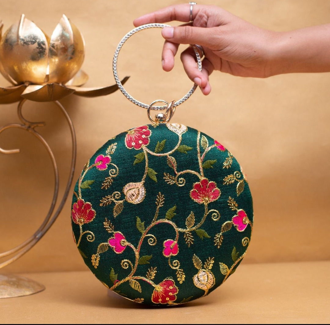 green color ethnic round clutch