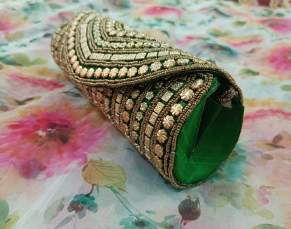 green color handcrafted  bridal clutch
