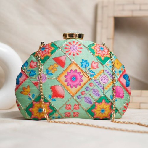 printed design green color clutch