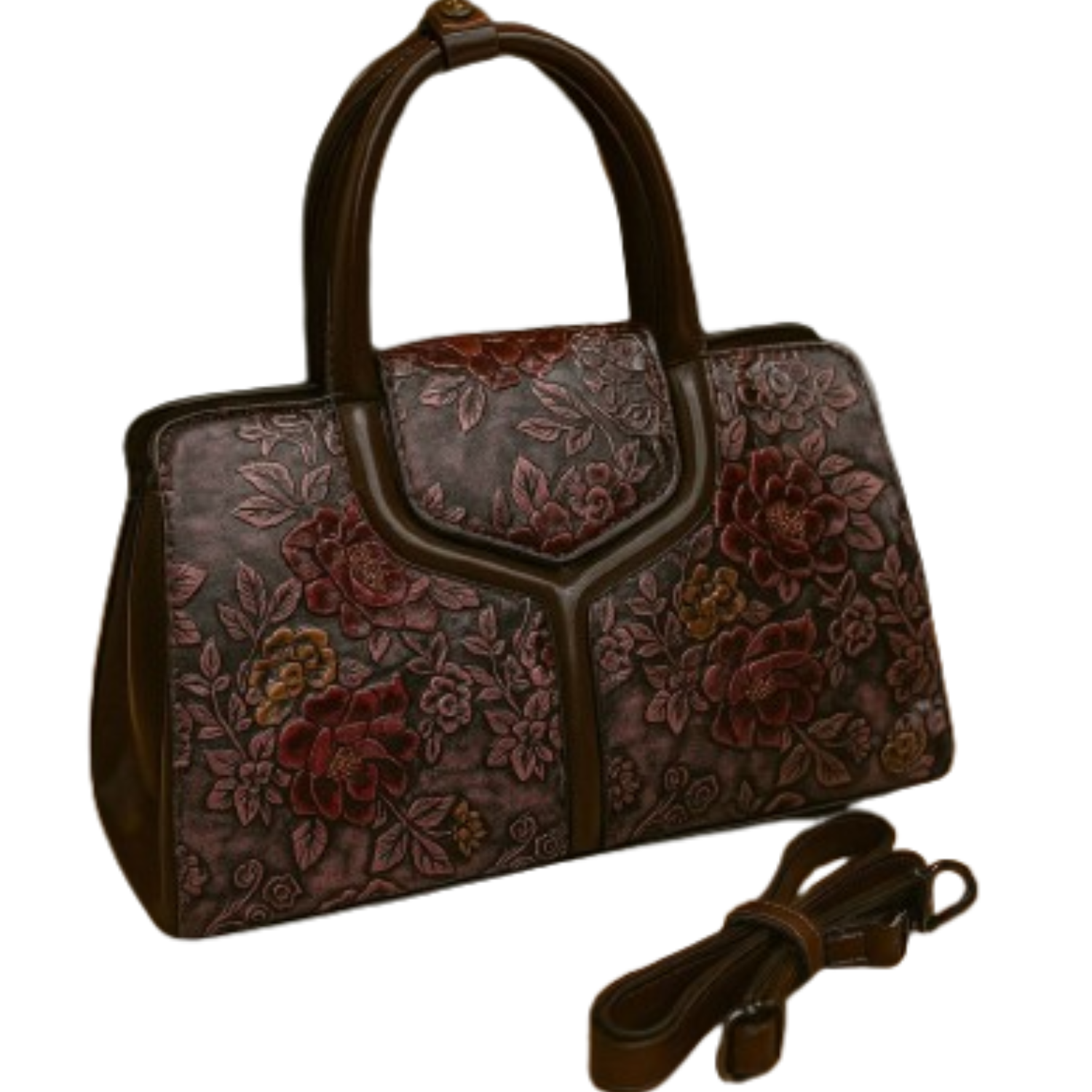 Floral embossed handbag with a strap on a white background