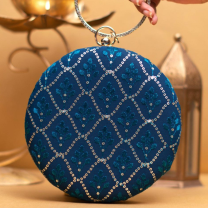 round shape blue color embroidery clutch