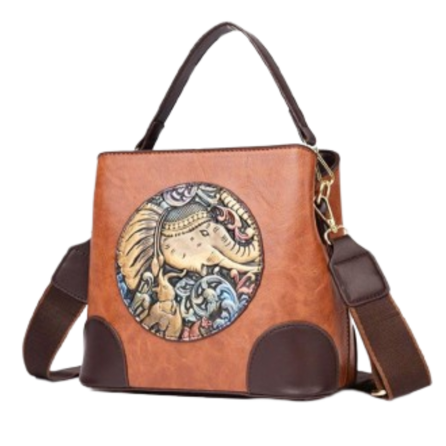 Brown handbag with a circular design featuring an elephant on a white background