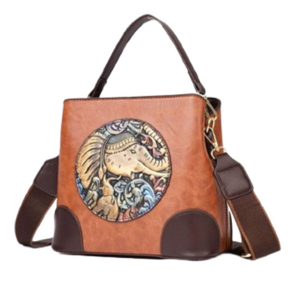 Brown handbag with a circular design featuring an elephant on a white background