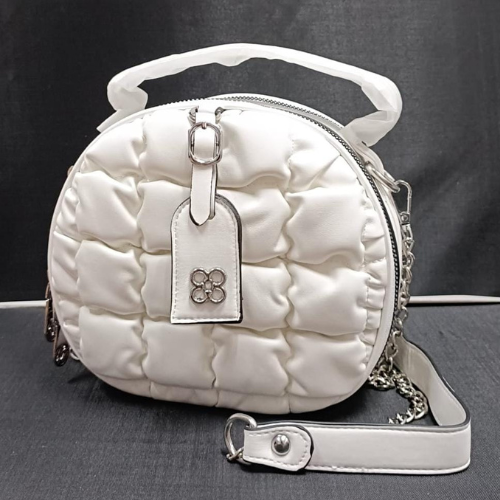 white color round sling bag
branded bags