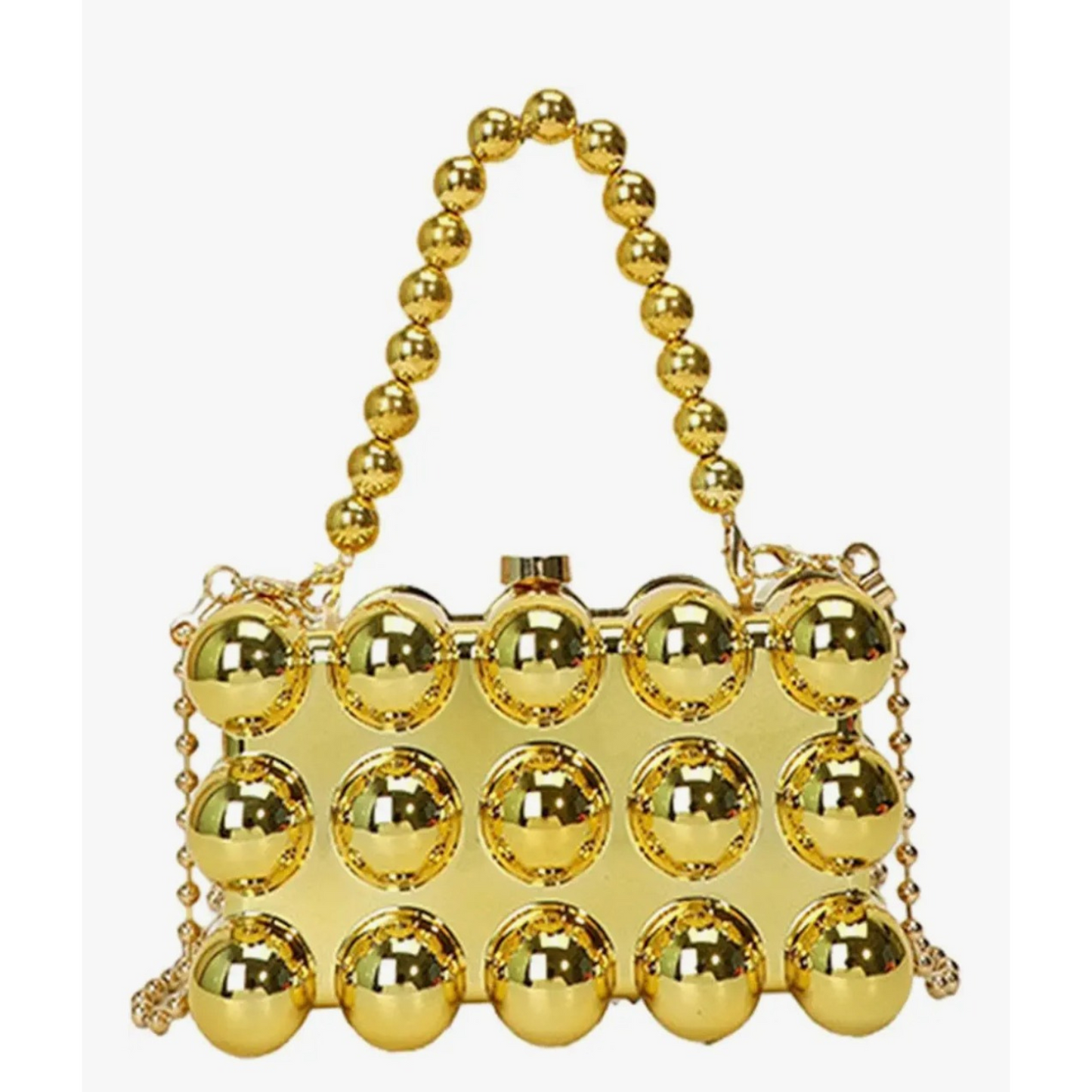 Gold handbag with spherical design and beaded handle on a white background
