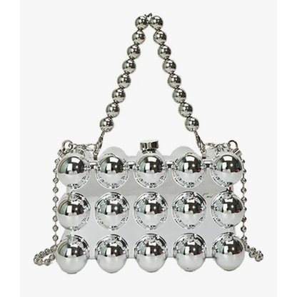 Silver handbag with a chain strap on a white background